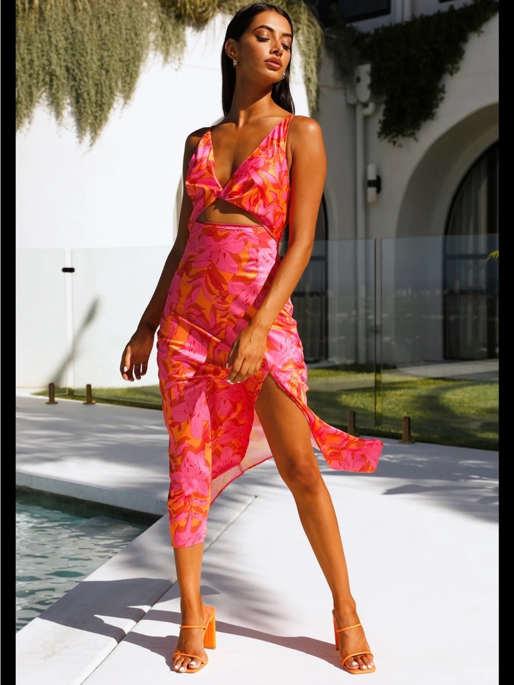 Hello Molly Pink & Orange Floral Cutout Midi Swim Dress